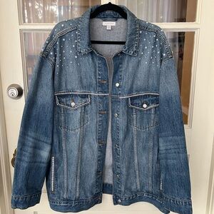 Topshop Oversized Denim Jacket With Custom Pearl Detailing